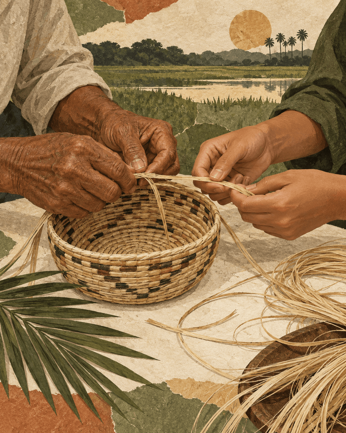 Ilustración de manos de dos generaciones compartiendo el tejido de fibras naturales