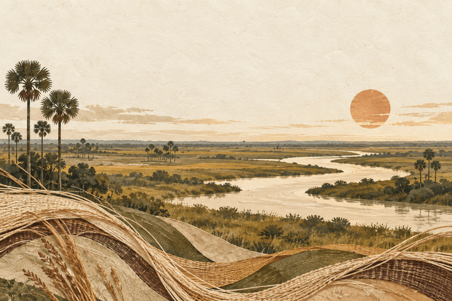 Ilustración del paisaje llanero, un río y fibras que se entrelazan con el territorio